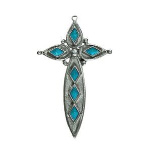 Vintage St. Labre Turquoise Cross Pendant Crucifix Silver Tone